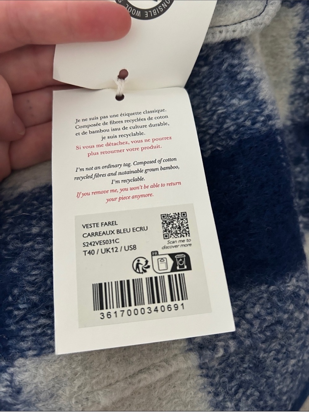 Sezane Blue and White Checked Wool-Blend Shacket - Picture 2 of 4